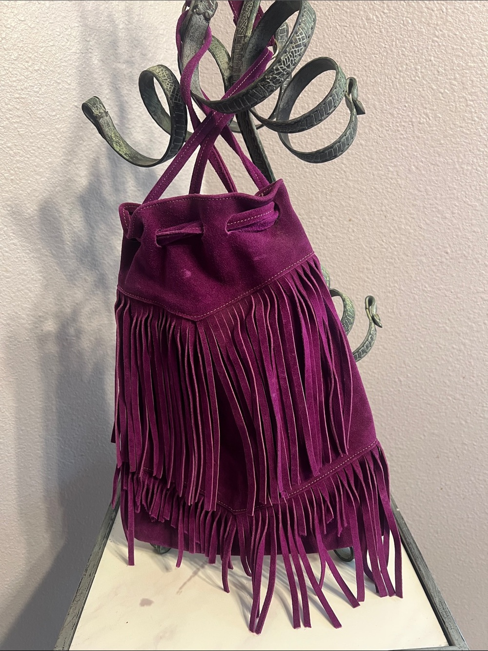 Vintage Authentic 60’s Purple Suede Fringe Drawstring Hippie Shoulder Bag-